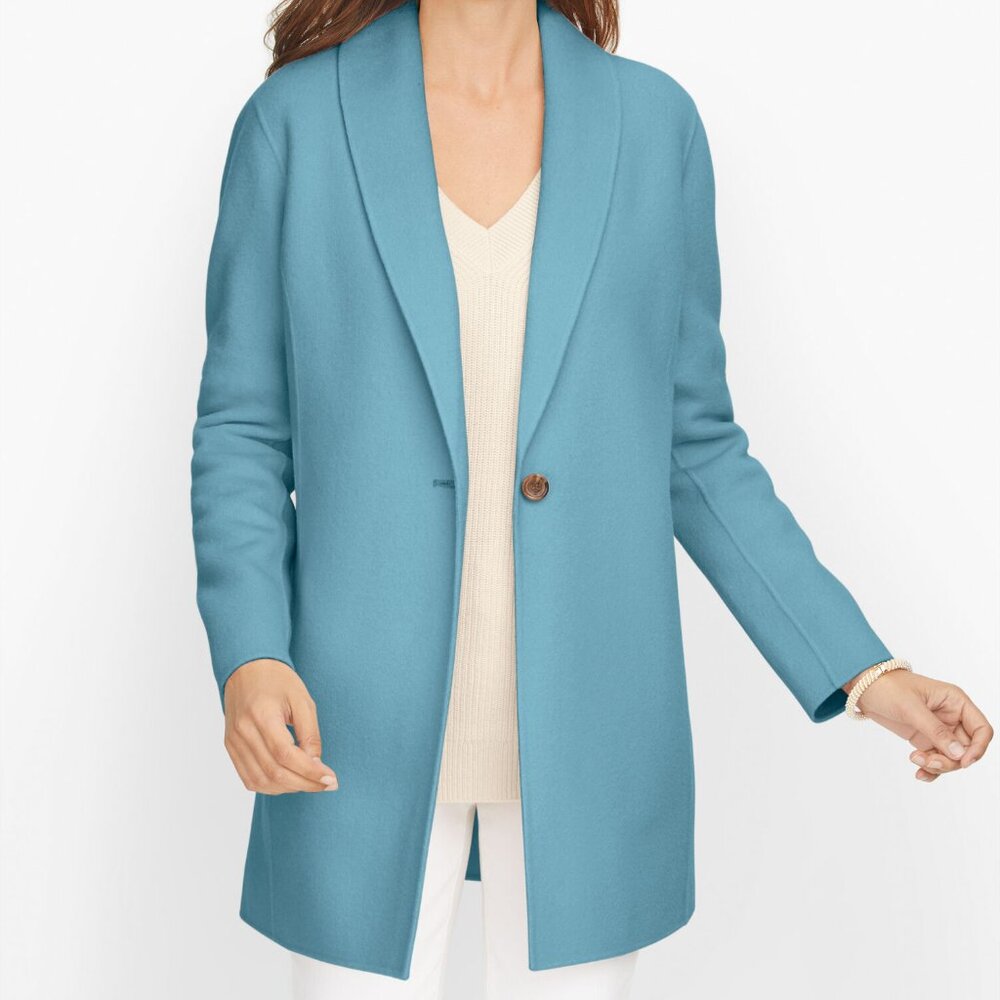 Talbots Double Face Blue Wool Front Button Shawl Collar Blazer Jacket NEW